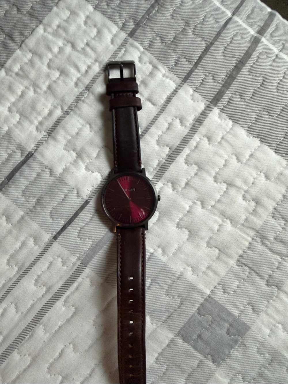 Nixon Red Sunburst Dial Watch with Brown Leather Band - Picture 2 of 11